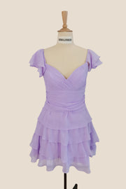 V Neck Lavender Layered Chiffon Short Dress