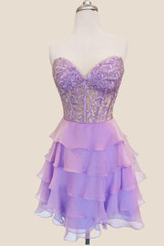 Sweetheart Lavender Appliques Tiered Short Dress