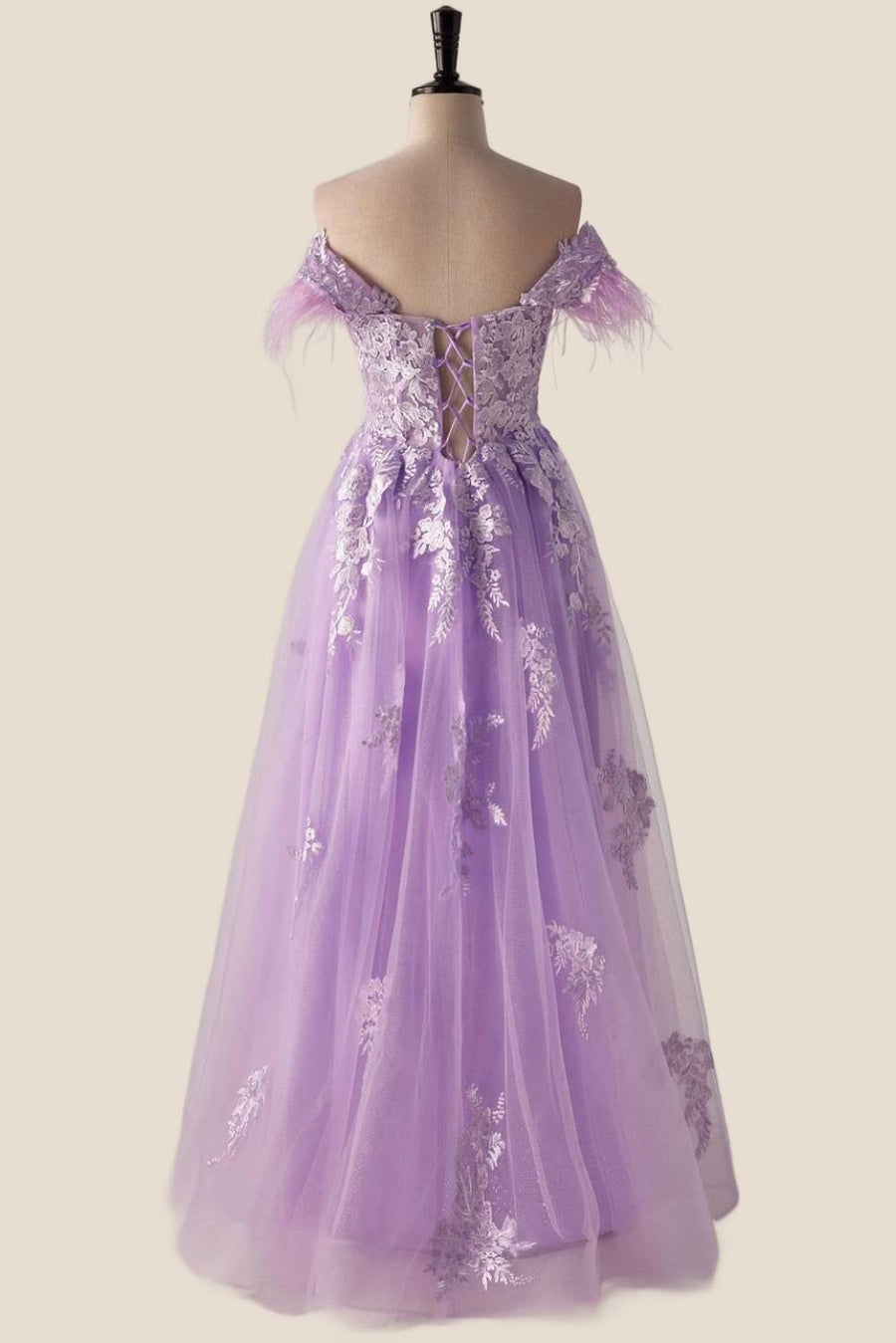 Off the Shoulder Lavender Lace Appliques Long Formal Dress