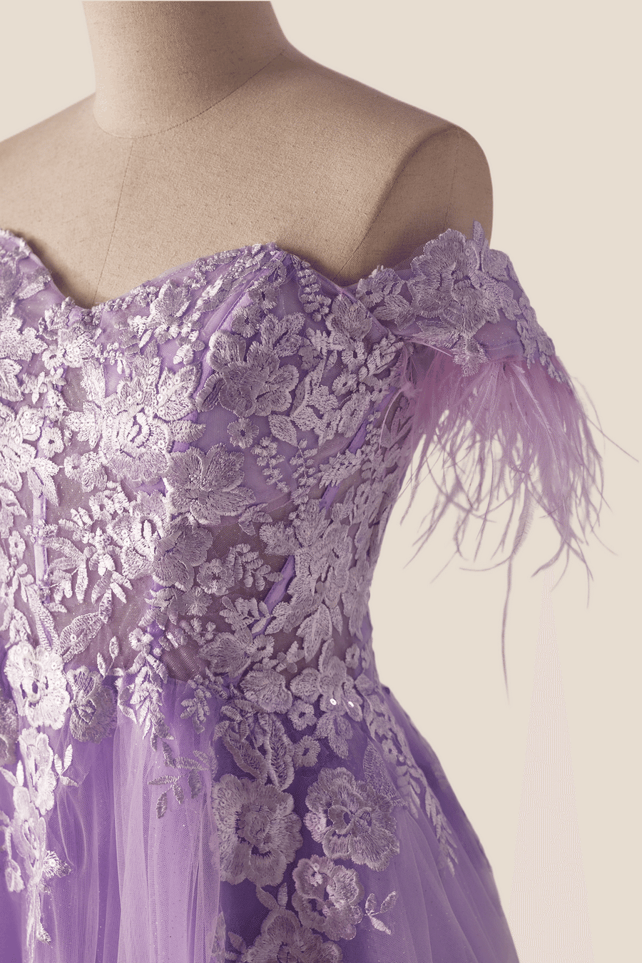 Off the Shoulder Lavender Lace Appliques Long Formal Dress