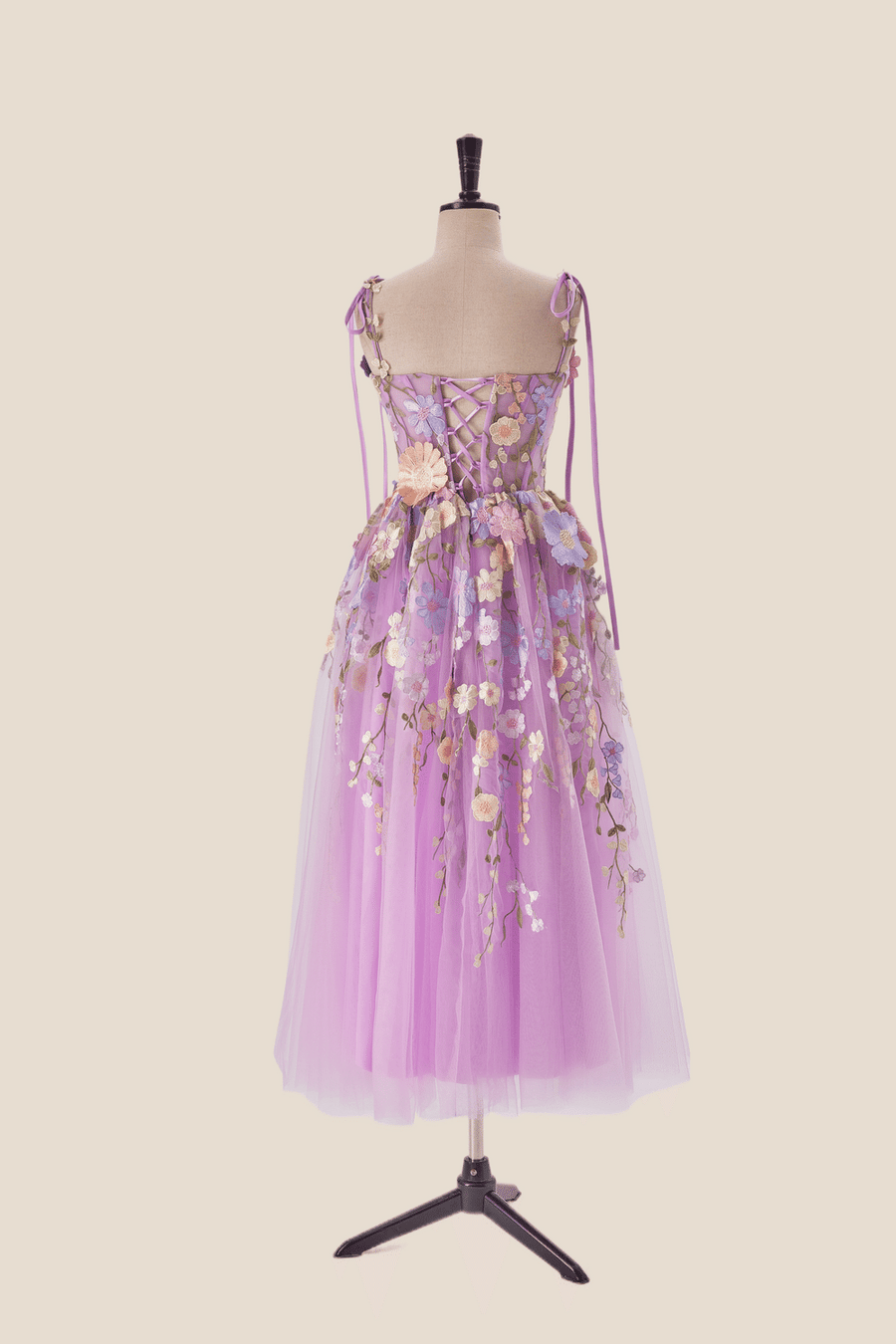 Lavender Floral Embroidered Corset Midi Dress