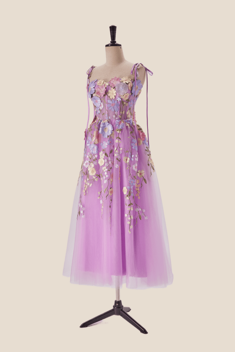 lavender tea party dress A-line Ruffled Sleeve Lavender Satin Tea Length Girl's Party Dress, Beading Flowers 12T