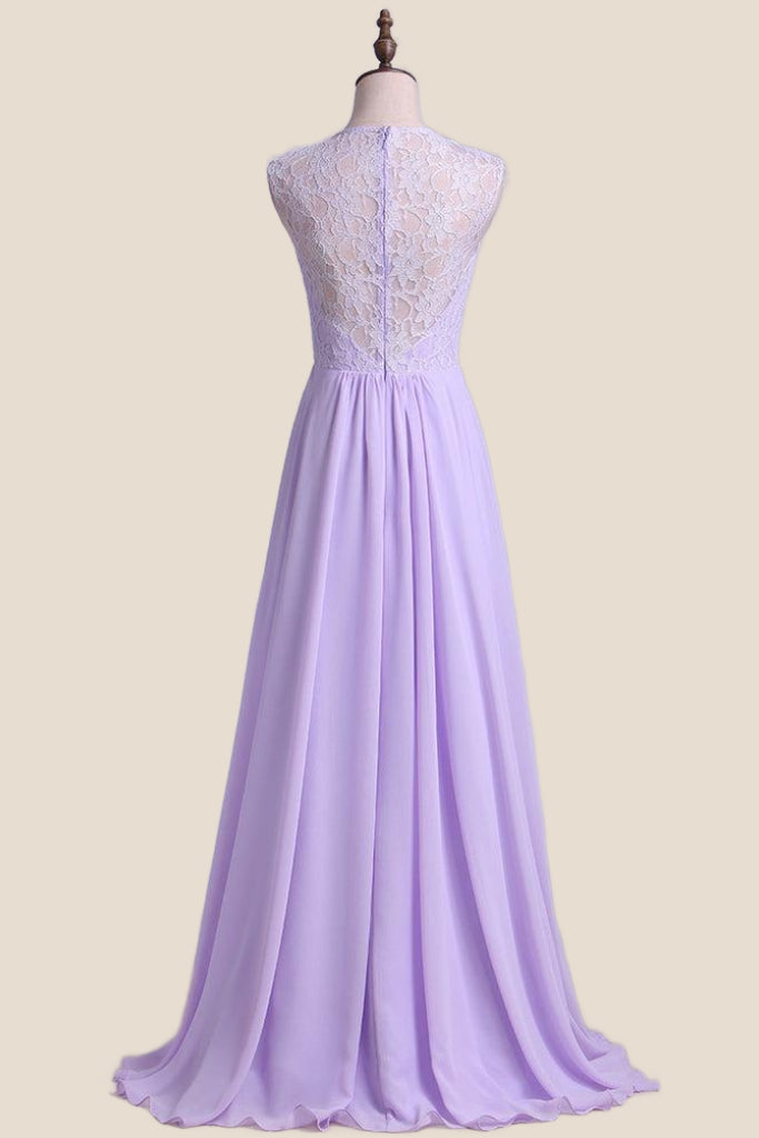 Lavender Lace and Chiffon A-line Long Bridesmaid Dress