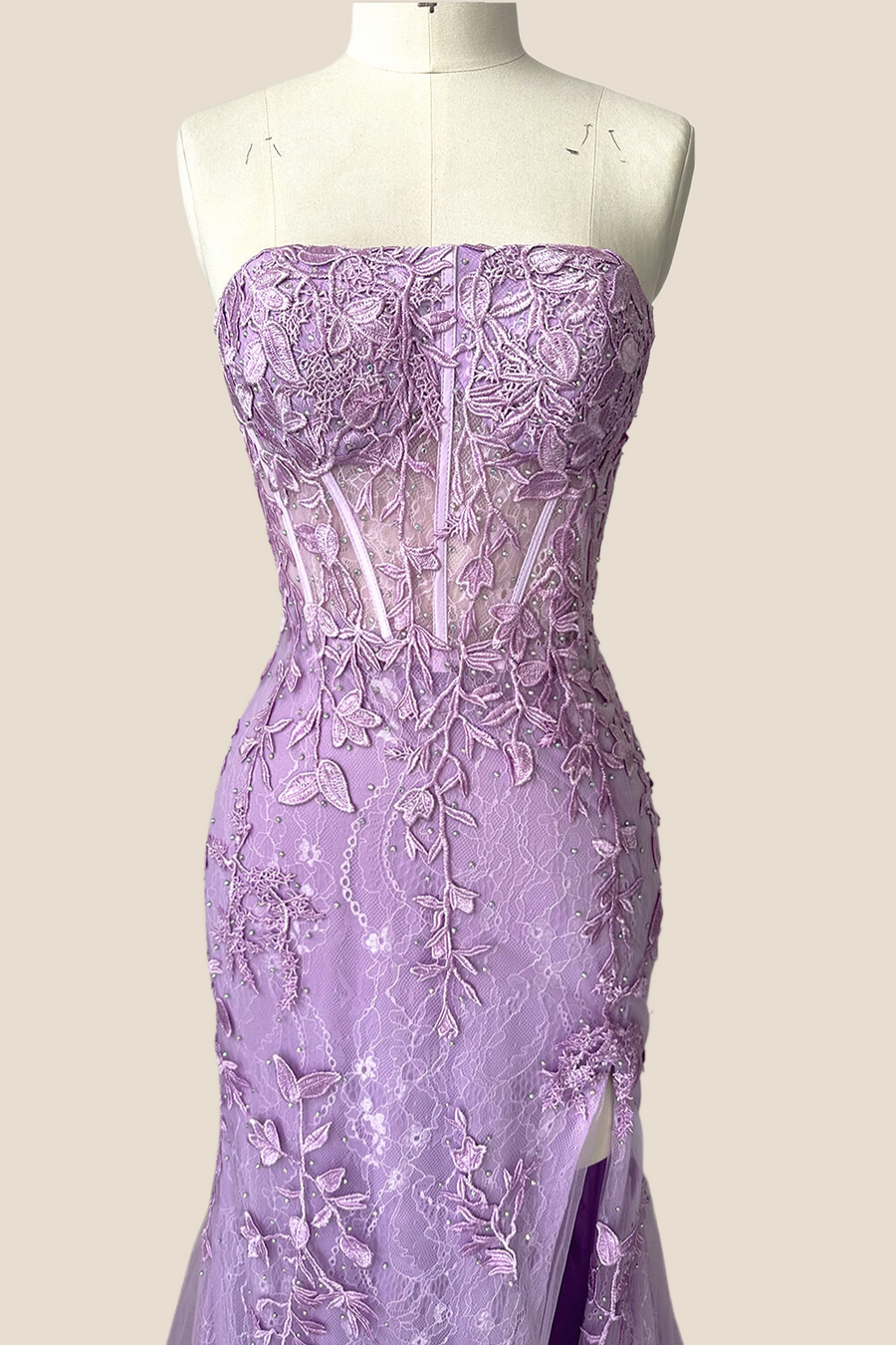 Strapless Lavender Lace Mermaid Long Party Dress