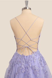 Straps Lavender Floral Appliques A-line Long Formal Dress