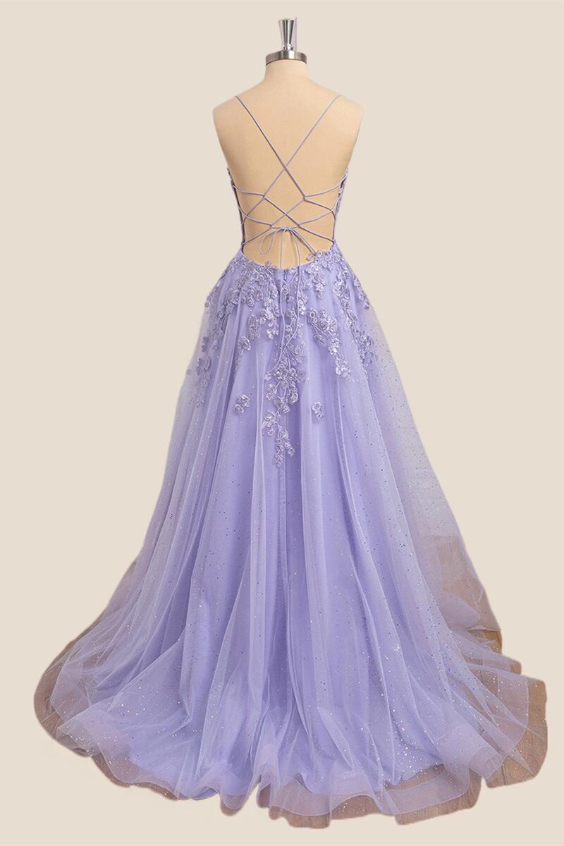 Straps Lavender Floral Appliques A-line Long Formal Dress