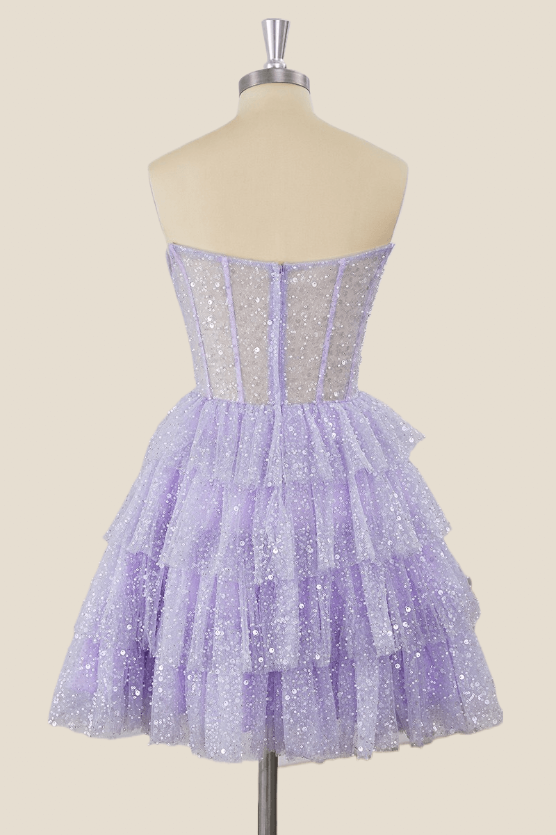 Lavender Sparkle Tulle Tiered Short Party Dress
