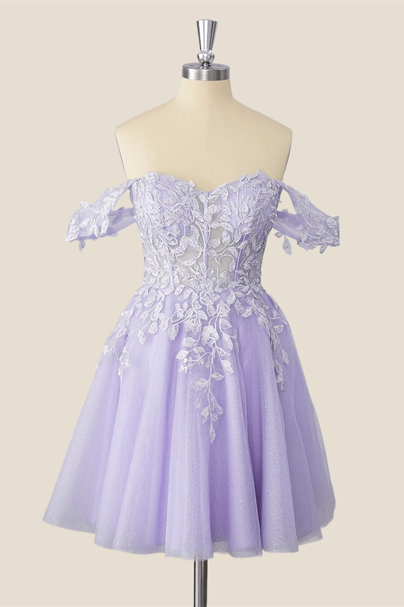 Off the Shoulder Lavender Appliques Short Prom Dress