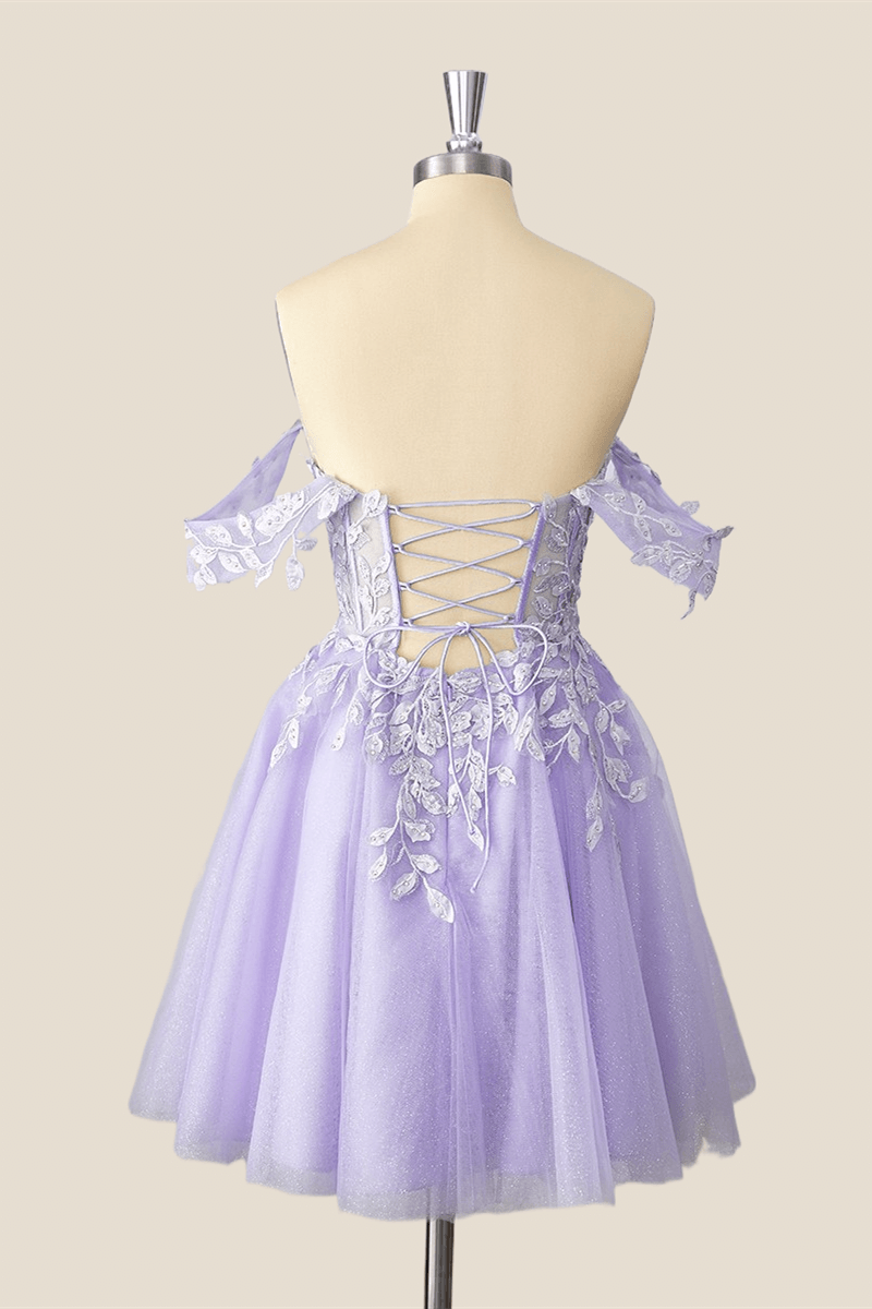 Off the Shoulder Lavender Appliques Short Prom Dress