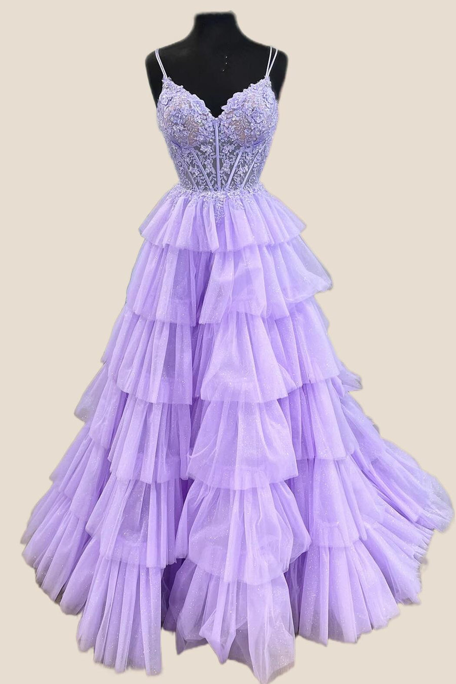 Lilac Appliques and Tulle Tiered Ruffle Gown