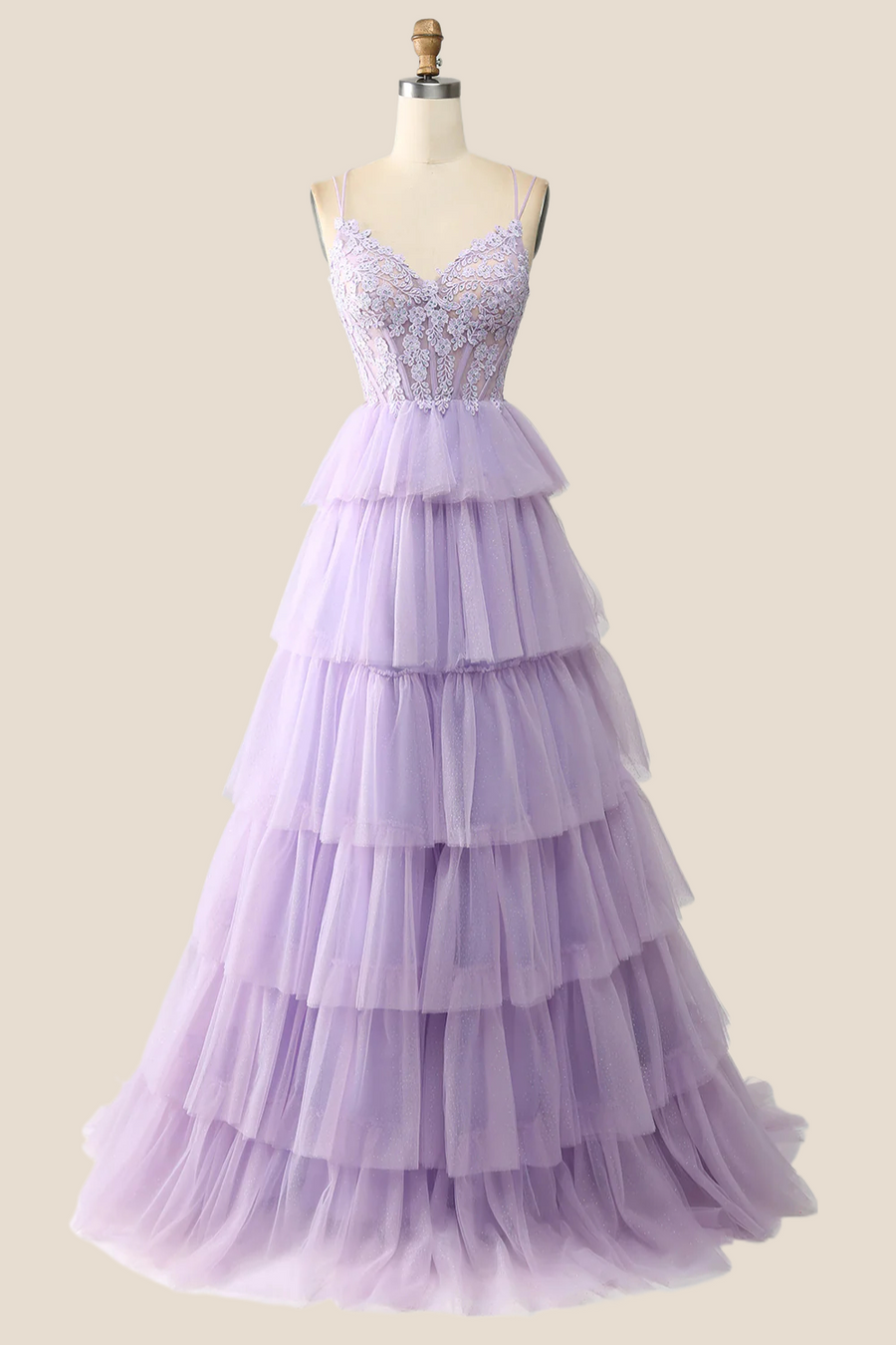 Lilac Appliques and Tulle Tiered Ruffle Gown