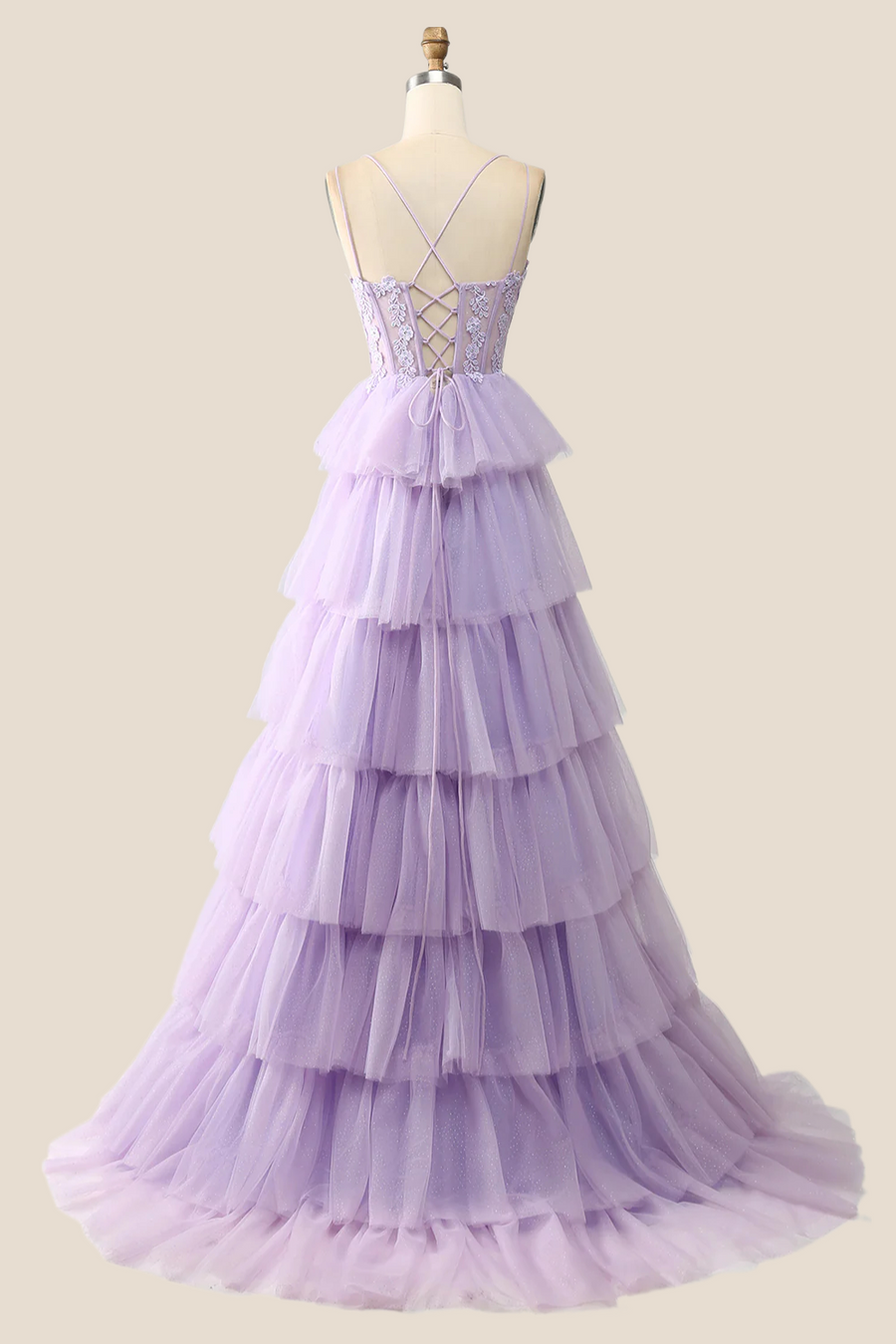 Lilac Appliques and Tulle Tiered Ruffle Gown