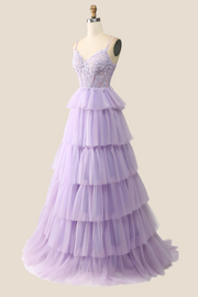 Lilac Appliques and Tulle Tiered Ruffle Gown