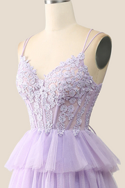 Lilac Appliques and Tulle Tiered Ruffle Gown