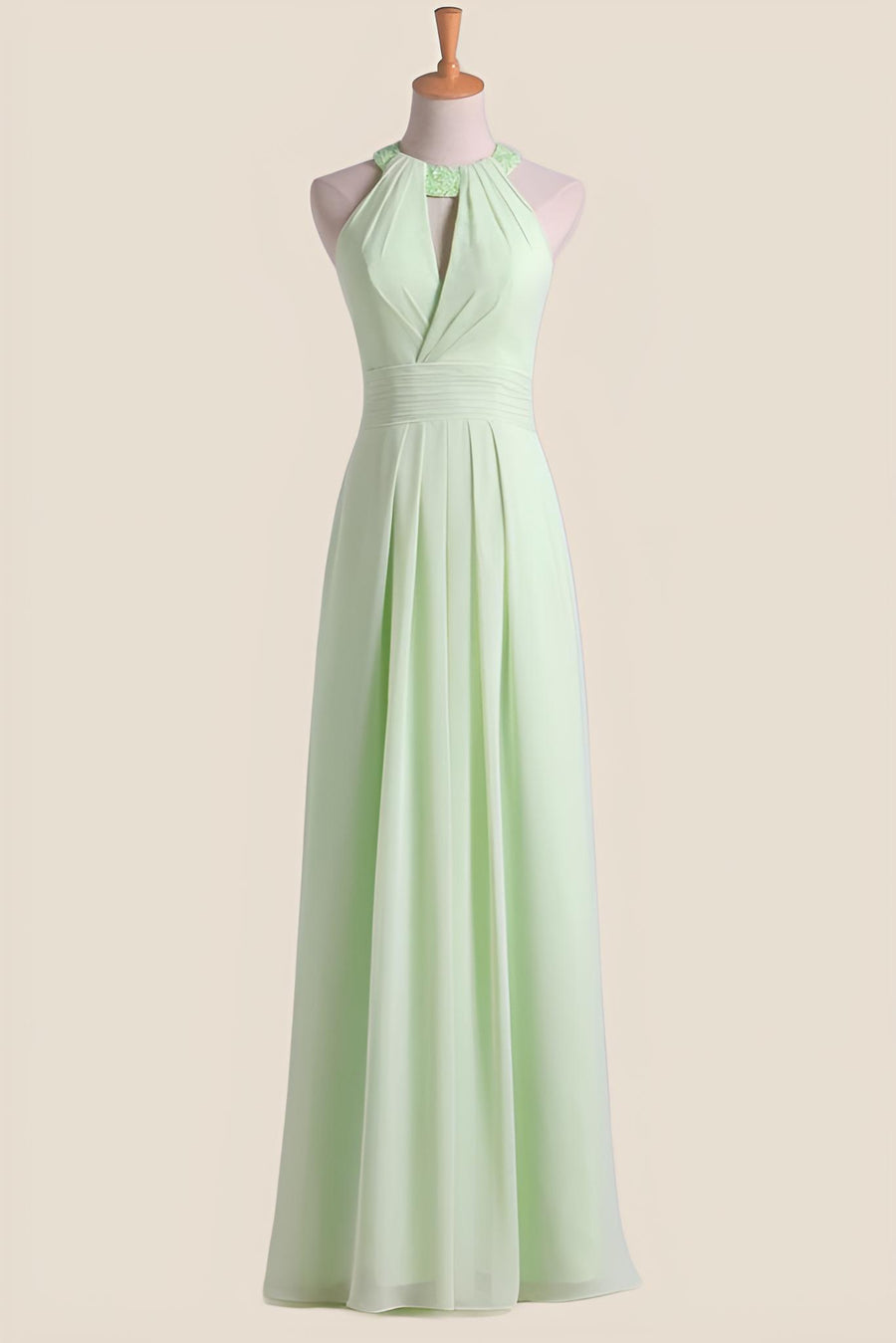 Halter Lemon Green Chiffon Long Bridesmaid Dress