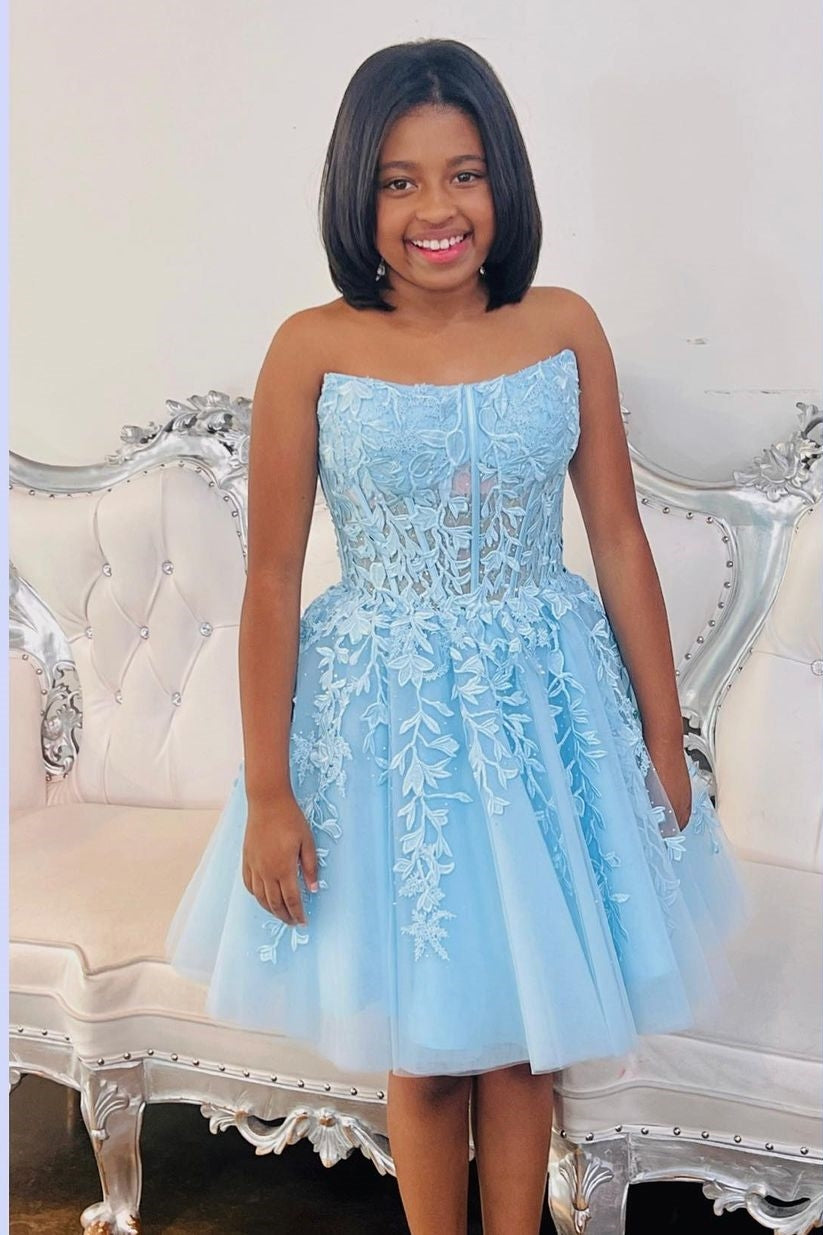Knee Length Light Blue A Line Dress A-Line Off Shoulder Blue Long Prom Dress, Blue Knee Length Light Blue A Line Dress A-Line Off Shoulder Blue Long Prom Dress, Blue