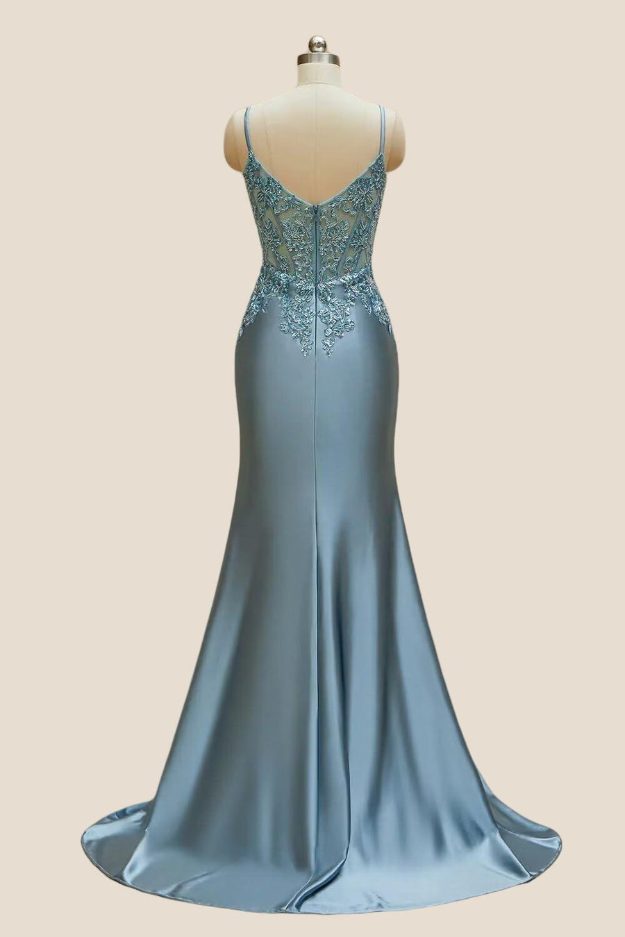 V-neck Blue Beaded Mermaid Satin Long Dress