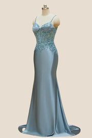 V-neck Blue Beaded Mermaid Satin Long Dress