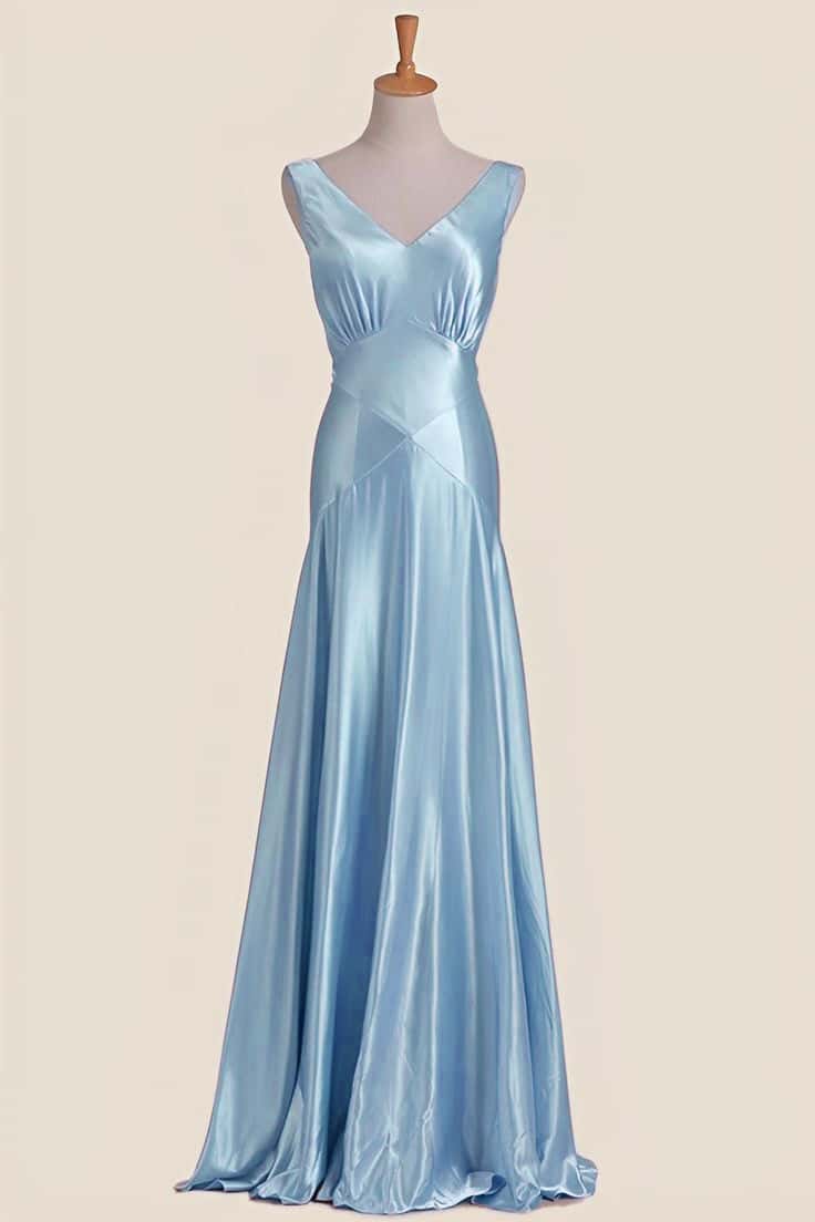 Light Blue V Neck Sheath Long Party Dress