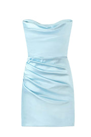 Cowl Neck Light Blue Ruched Bodycon Short Dress