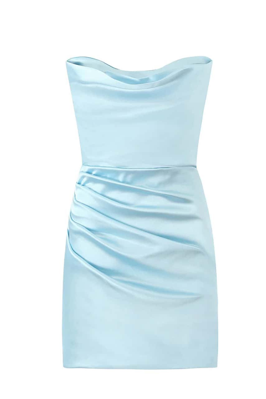 Cowl Neck Light Blue Ruched Bodycon Short Dress