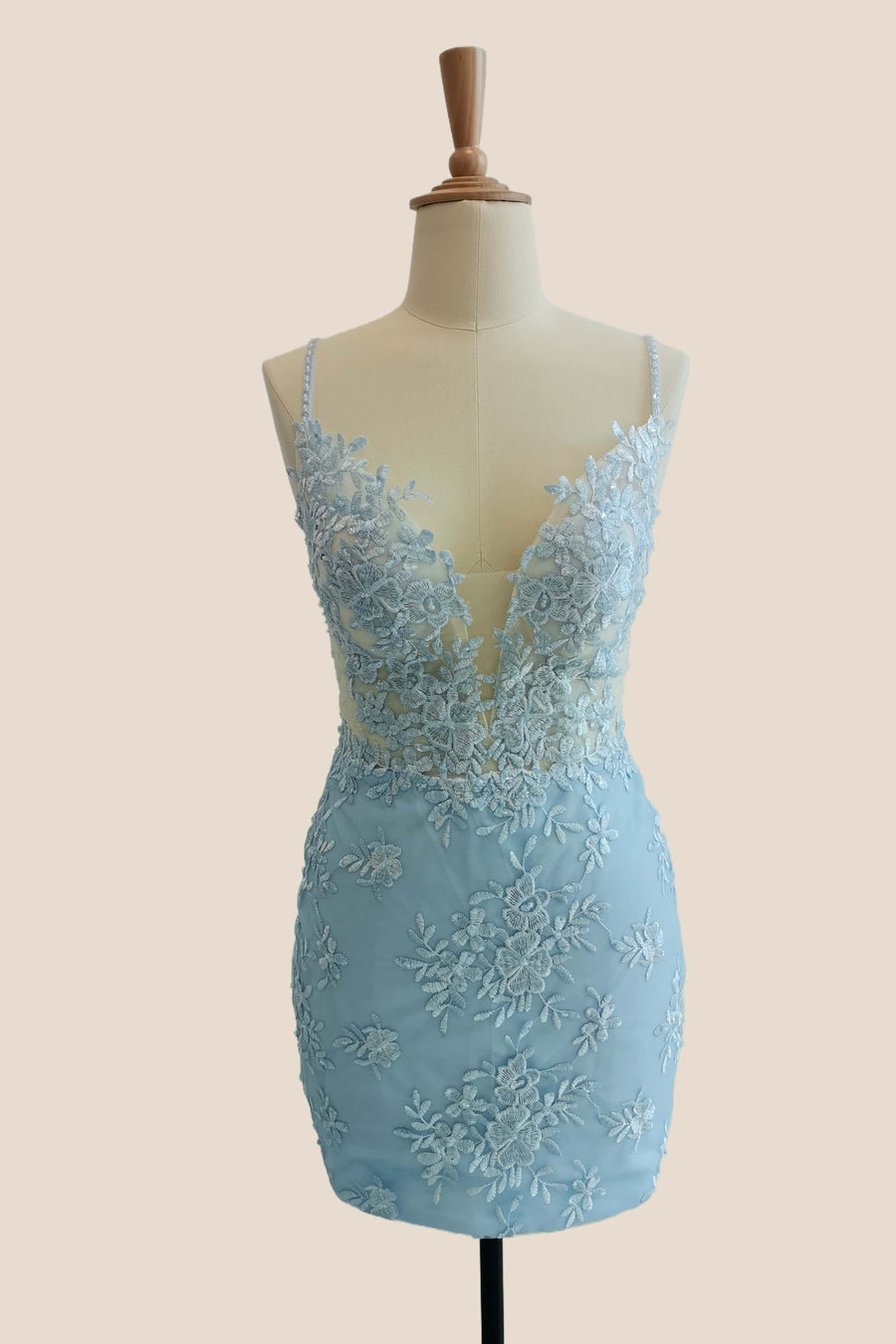 Light Blue Straps Appliques Fitted Short Dress