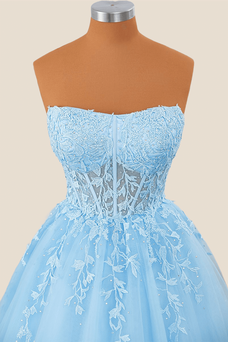 Strapless Light Blue Appliques A-line Princess Dress