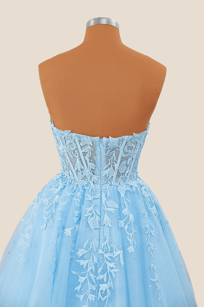 Two Pieces A Line Light Blue Appliques Criss Cross Satin Prom Dresses LBQ1866 main image 1