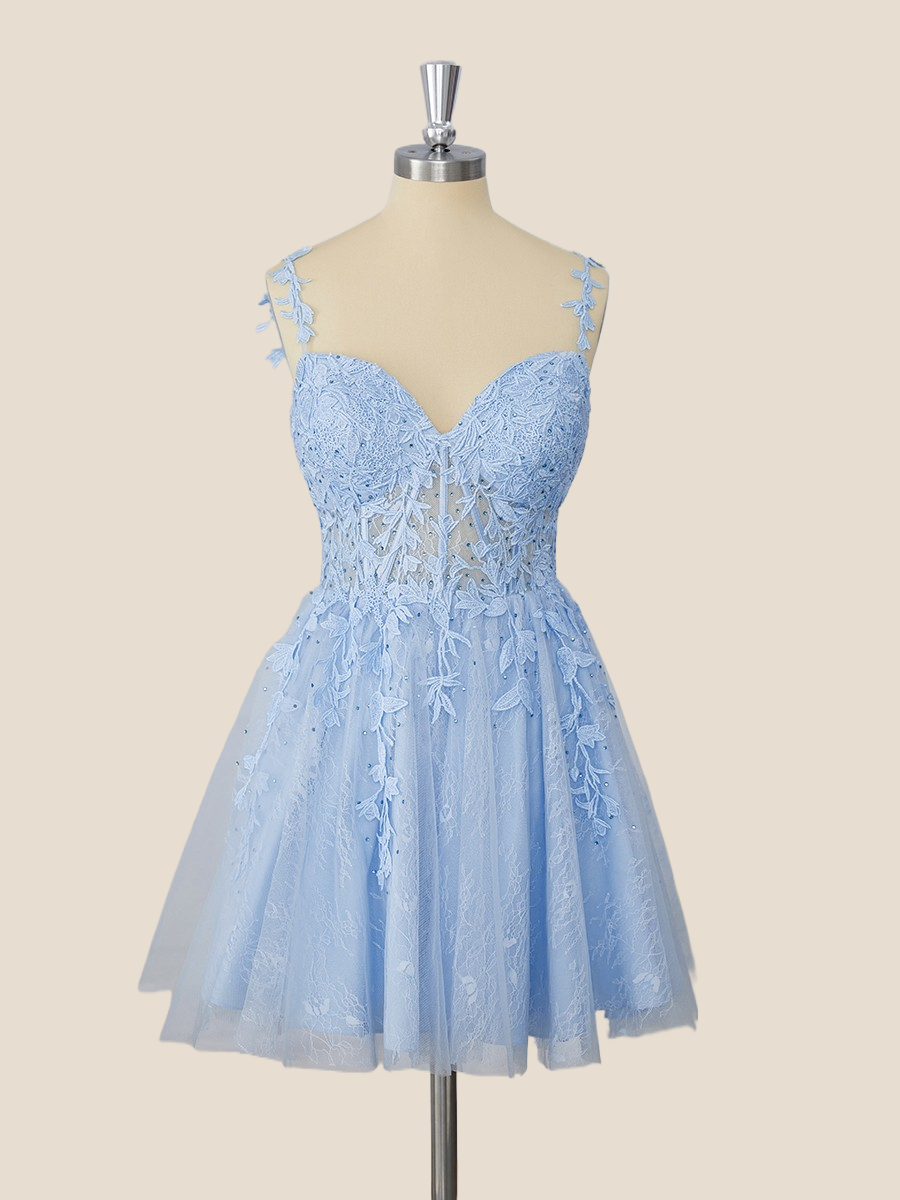 Light Blue Lace Appliques Short Homecoming Dress