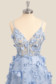 V Neck Light Blue 3D Floral Long Prom Dress