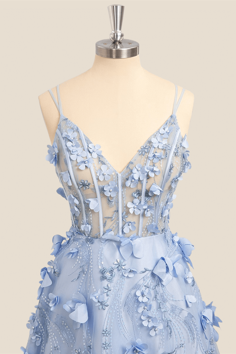 V Neck Light Blue 3D Floral Long Prom Dress