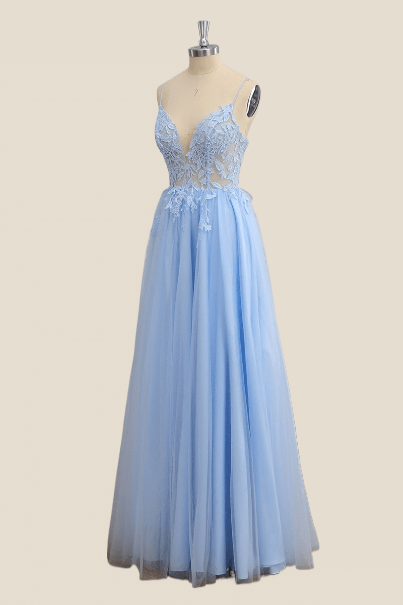 Straps Light Blue Lace and Tulle Party Dress