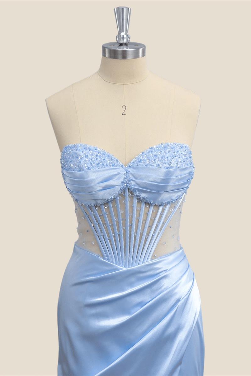 Beaded Light Blue Corset Mermaid Long Formal Dress