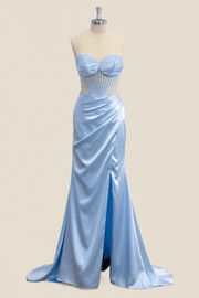 Beaded Light Blue Corset Mermaid Long Formal Dress