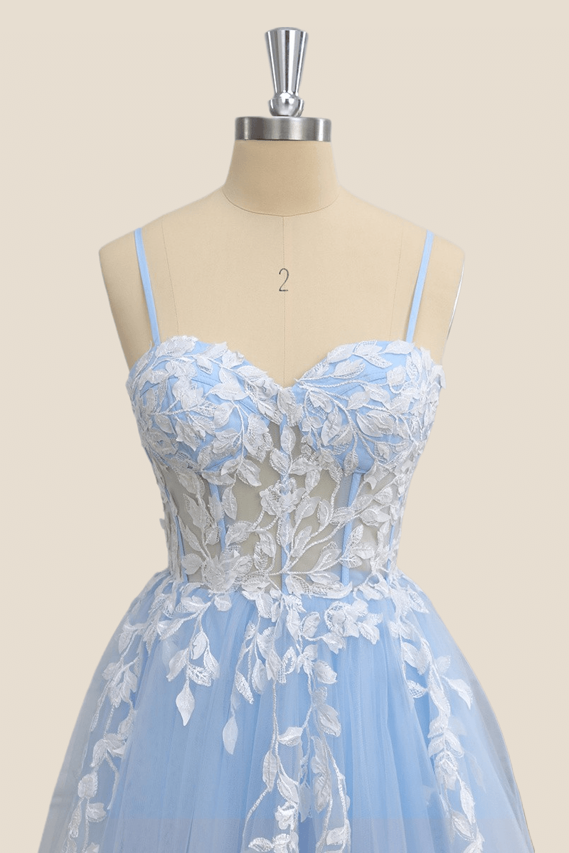 Light Blue Tulle and White Lace Corset Formal Dress