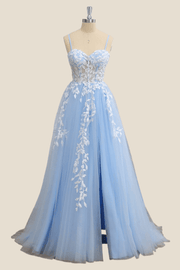 Light Blue Tulle and White Lace Corset Formal Dress