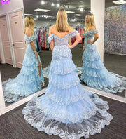 Black Sequin Tulle Mermaid Ruffles Long Prom Dress