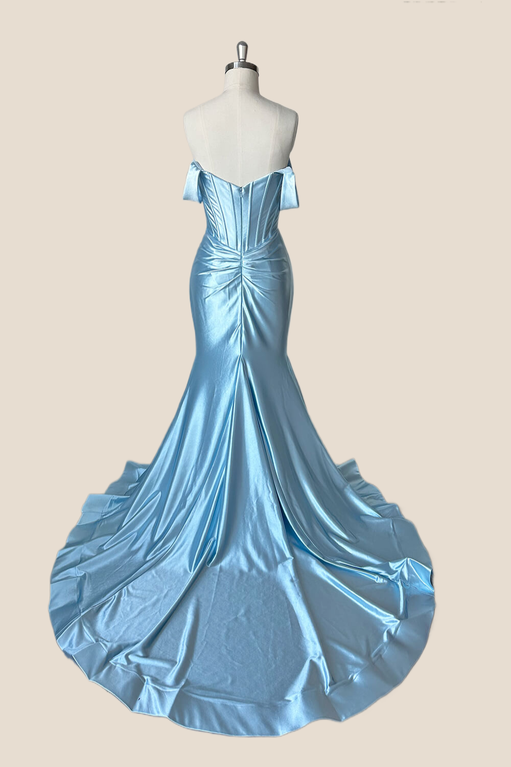 Off the Shoulder Light Blue Satin Mermaid Prom Dress