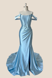 Off the Shoulder Light Blue Satin Mermaid Prom Dress