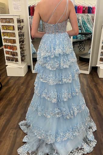 US 4 One Shoulder Light Blue Ruffle Prom Dress