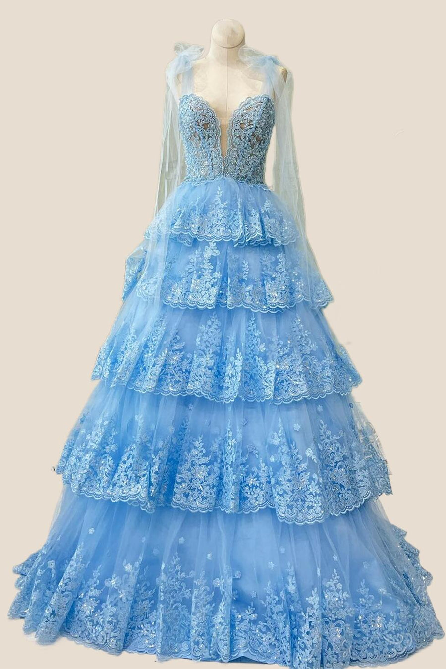 Light Blue Lace Tiered Ruffles Dress