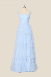 Light Blue Tulle Tiered A-line Long Dress