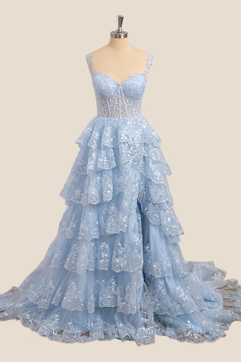 Light Blue Corset Appliques Tulle Ruffles Dress