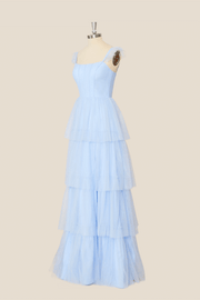 Light Blue Tulle Tiered A-line Long Dress