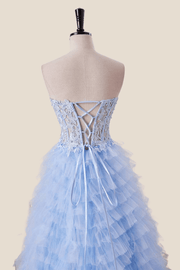 Light Blue Appliques A-line Tiered Ruffles Formal Gown