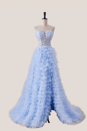 Light Blue Appliques A-line Tiered Ruffles Formal Gown