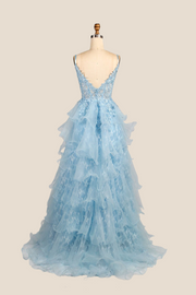 Light Blue Straps Appliques Tiered Ruffles Princess Dress