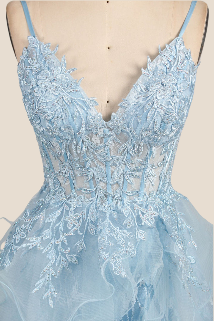 Light Blue Straps Appliques Tiered Ruffles Princess Dress