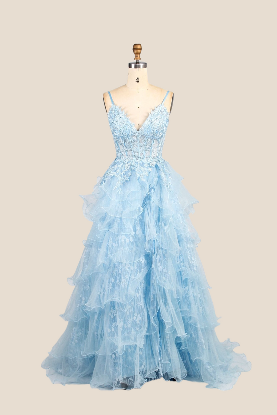 Light Blue Straps Appliques Tiered Ruffles Princess Dress