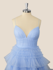Light Blue Tulle Tiered Short A-line Dress